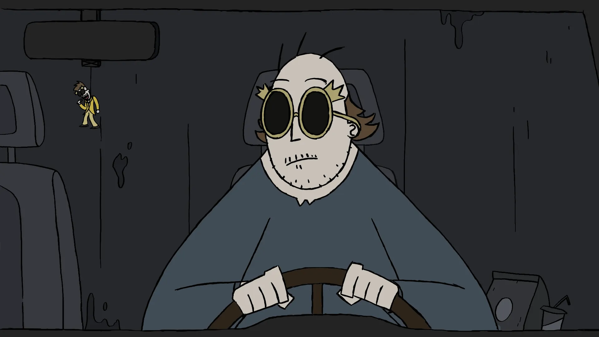 Decel Still image: An old man sits in the driver's seat of a car, both hands on the steering wheel. He is wearing yellow sunglasses and looking at a key ring hanging from his rear-view mirror. The key ring shows a young, handsome singer, dressed entirely in bright colours, wearing the same sunglasses.