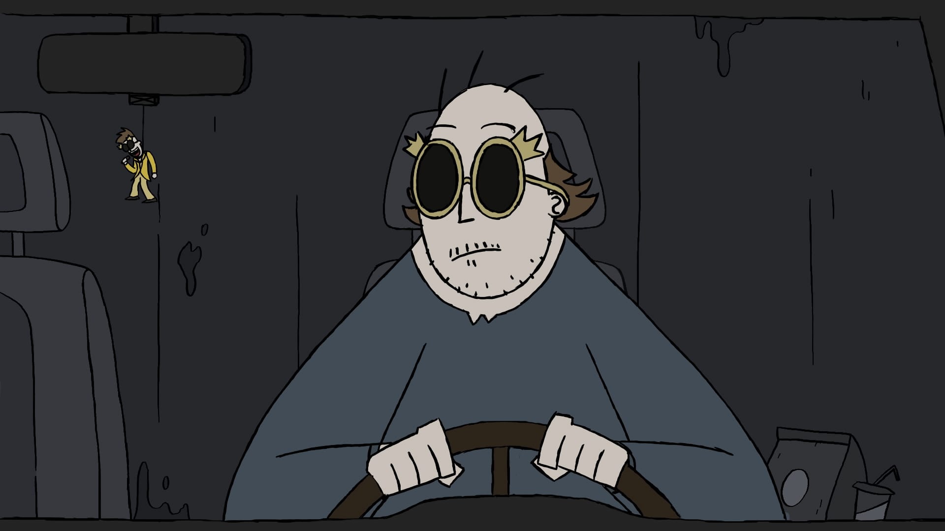 Decel Still image: An old man sits in the driver's seat of a car, both hands on the steering wheel. He is wearing yellow sunglasses and looking at a key ring hanging from his rear-view mirror. The key ring shows a young, handsome singer, dressed entirely in bright colours, wearing the same sunglasses.