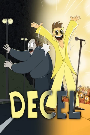 Decel Poster: In the right half of the picture, a handsome young singer stands in the spotlight in front of an audience and throws his hands up in the air. In doing so, he pushes his older self, who can be seen in the left half of the picture, onto a dark street.
