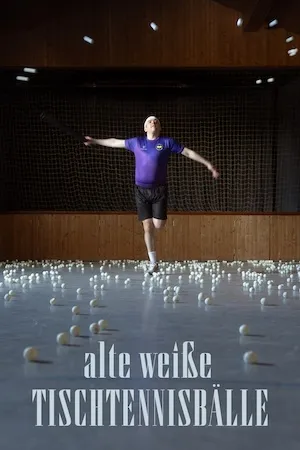 Old White Table Tennis Balls Poster: A middle-aged man wearing purple sportswear dances ballet-style through a gym with his arms stretched out. The gym floor is covered with table tennis balls, and the man is also throwing table tennis balls through the air.
